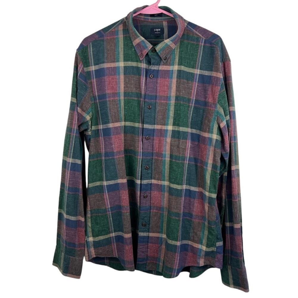 J. crew homespun slim fit green flannel plaid button up long sleeve shirt Mens L
